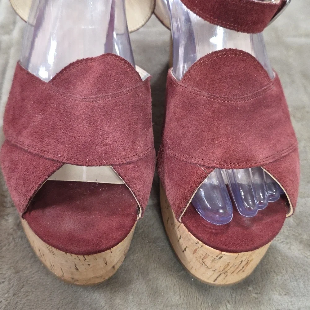 Nine West Women's Platform Sandals Burgundy Leather Ankle Straps Cork Look Sz 10